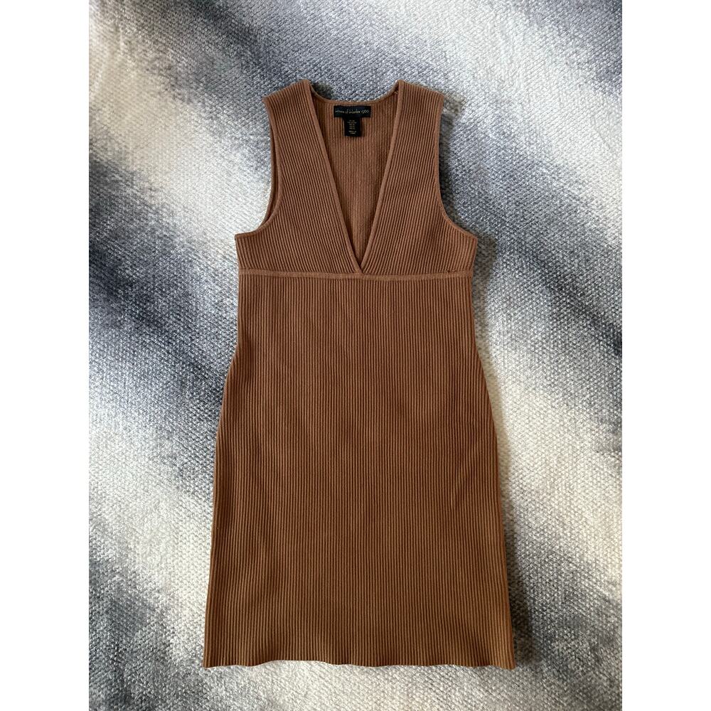 House of Harlow 1960 Sleeveless Brown Plunge V Neck Rib Knit Bodycon Dress XS